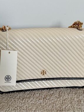 Tory Burch Cream Quilted Crossbody with Gold Hardware